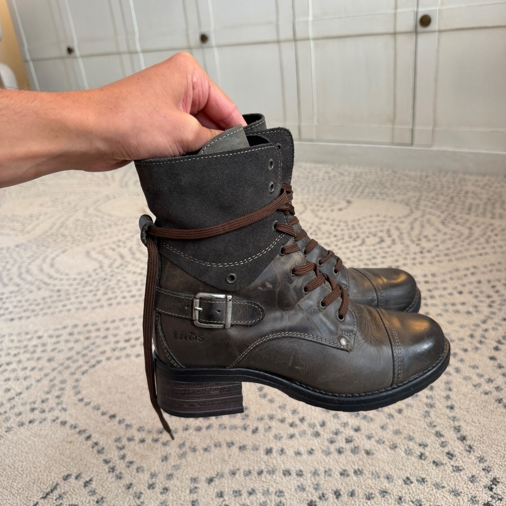 Taos Crave Boots Women 7.5 Grey Leather Combat Lace Up Side Zip Buckle Portugal